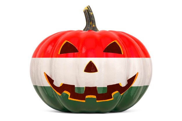 Concetto di Halloween in Ungheria Zucca scolpita male con bandiera ungherese rendering 3D isolato su sfondo bianco