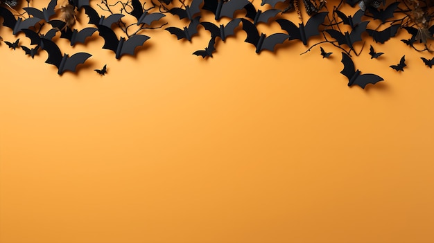 Concetto di Halloween Pipistrelli su sfondo arancione Biglietto d'auguri per la festa di Halloween con posto per il testo