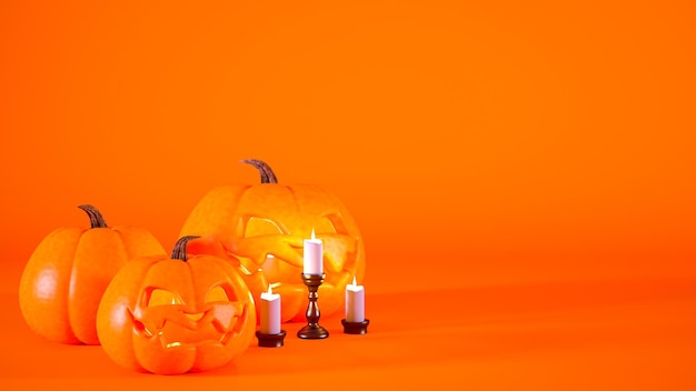 Concetto di Halloween sfondo arancione con lanterne di zucca e candele rendering 3d con spazio di copia.