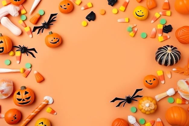 Concetto di Halloween sfondo composizione zucche ragni dolci caramelle su sfondo arancione