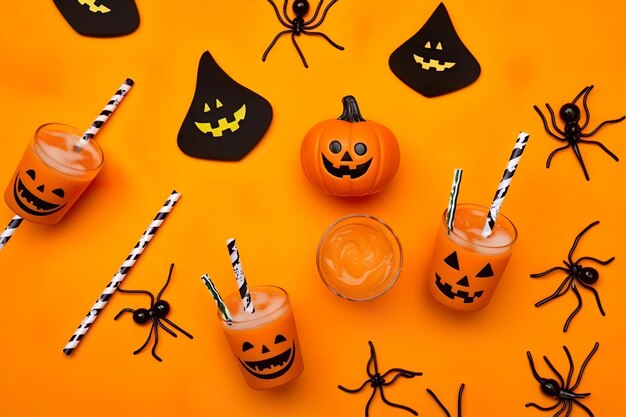 Concetto di Halloween sfondo composizione zucche ragno succo d'arancia con ghiaccio su sfondo arancione