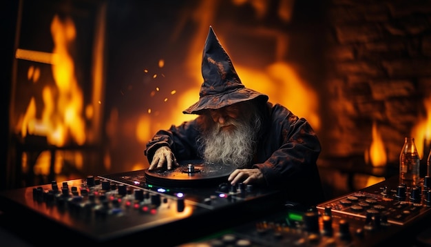 Concetto di Halloween Vecchio mago che riproduce musica sul giradischi