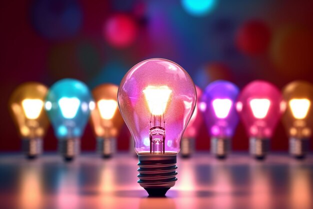 Concetto di idea con lampadine colorate a luce fluorescente illustrazione di rendering 3d