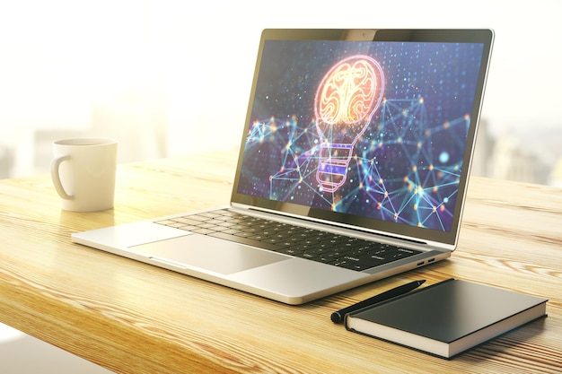 Concetto di idea creativa con lampadina e illustrazione del cervello umano sullo schermo di un laptop moderno Reti neurali e concetto di apprendimento automatico Rendering 3D