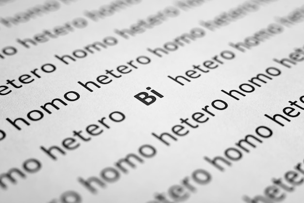 Concetto di identità sessuale molte parole stampate Hetero e Homo e una parola Bi su carta bianca primo piano Messa a fuoco selettiva foto macro vista ad angolo basso