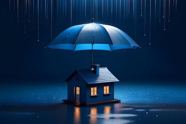 concetto di impermeabilizzazione della casa casa blu scuro sotto ombrello blu scuro su uno sfondo minimalista