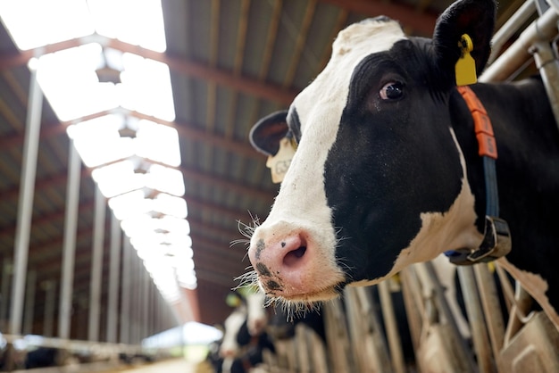 concetto di industria agricola, allevamento e zootecnia - mandria di mucche nella stalla in un caseificio