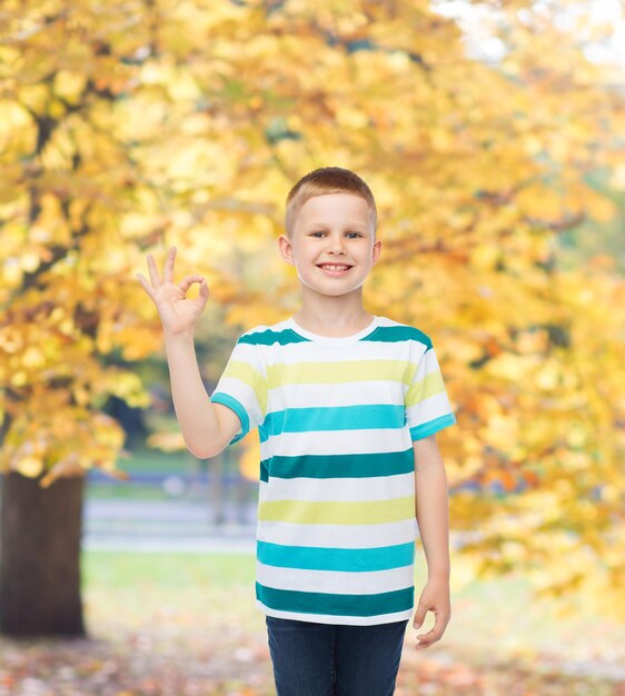 concetto di infanzia, realizzazione, gesto e persone - ragazzino sorridente in abiti casual che fanno un gesto OK sullo sfondo del parco autunnale