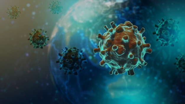 Concetto di infezione da coronavirus o COVID-19. Epidemia di malattia virale, illustrazione 3D