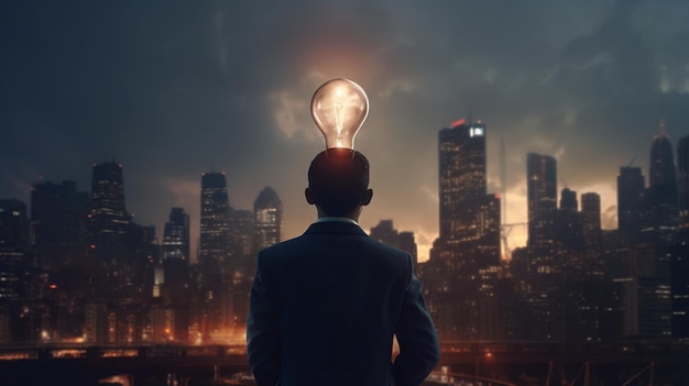 Concetto di innovazione e tecnologia Il giovane uomo d'affari ammira la città con una lampadina a basso contenuto di poli