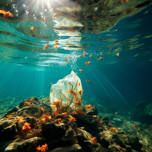 concetto di inquinamento ambientale sacchetti di plastica e spazzatura sullo sfondo del mare