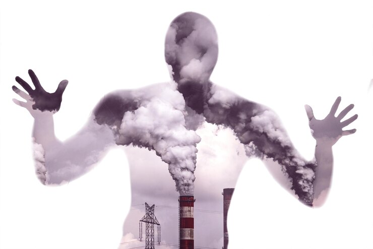 Concetto di inquinamento atmosferico che colpisce l'uomo silhouette sofferente dall'inquinamento