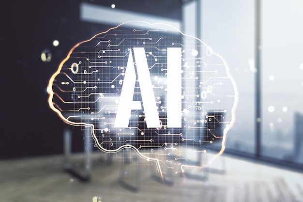 Concetto di intelligenza artificiale creativa con ologramma del cervello umano e desktop moderno con computer sullo sfondo Esposizione multipla