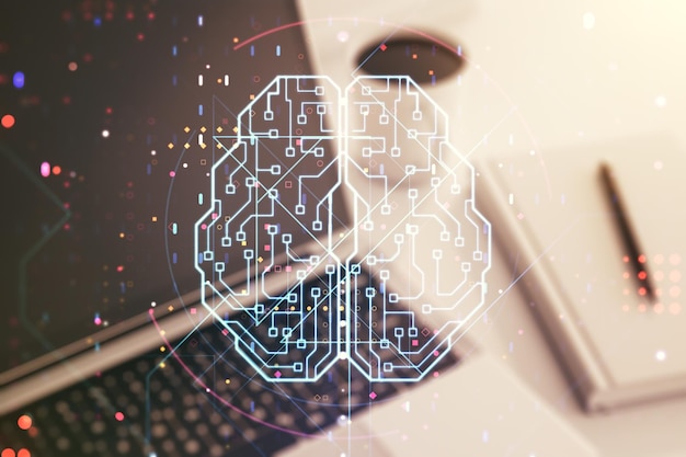 Concetto di intelligenza artificiale creativa con ologramma del cervello umano su sfondo di laptop moderno Multiesposizione
