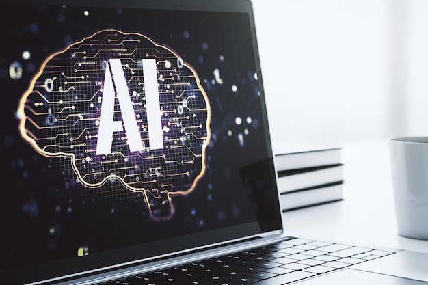 Concetto di intelligenza artificiale creativa con schizzo del cervello umano sul monitor di un laptop moderno. Rendering 3D