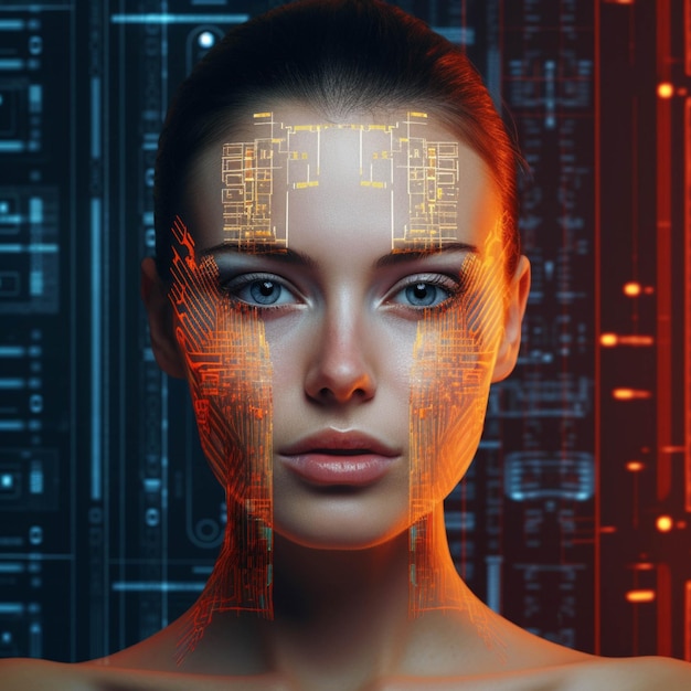 Concetto di intelligenza artificiale Ritratto di una bella giovane donna con interfaccia futuristica