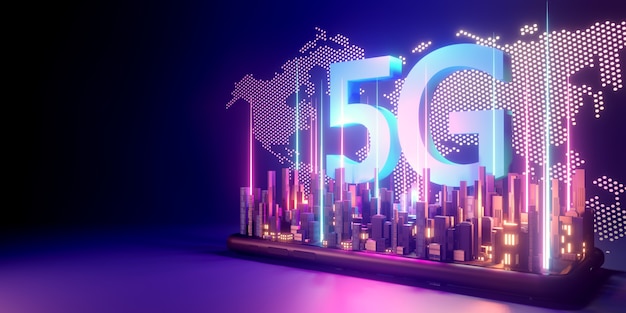 Concetto di Internet ad alta velocità 5G, tecnologia wireless di rete 5G sullo sfondo della città, rendering 3d