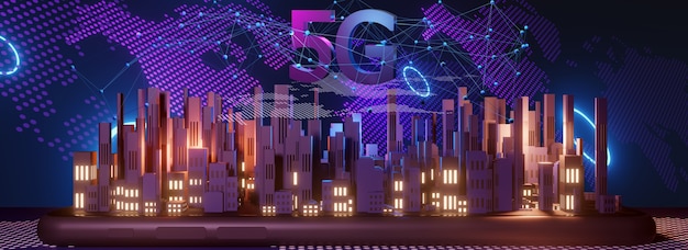 Concetto di Internet ad alta velocità 5G, tecnologia wireless di rete 5G sullo sfondo della città, rendering 3d