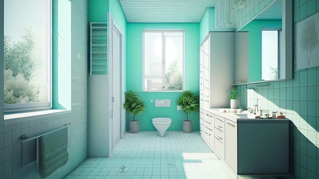 Concetto di interni bagno moderno e minimalista con luce naturale dalla finestra Concetto 3D per l'interior design del bagno e IA generativa industriale