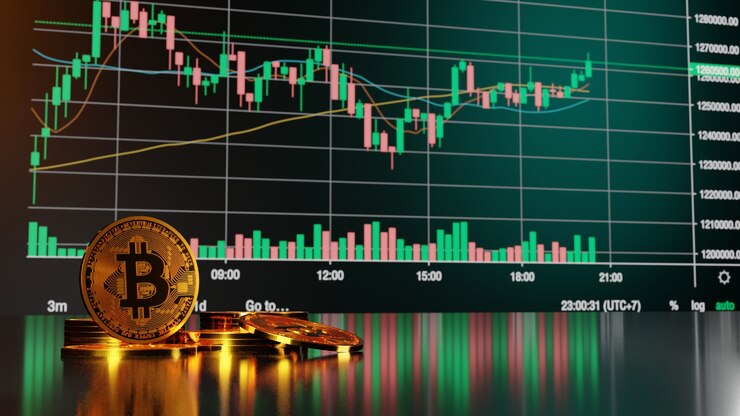 Concetto di investimento di bitcoin e criptovaluta. Rendering 3D.