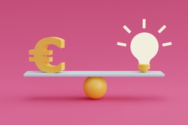 Concetto di investimento finanziario con lampadine e denaro su sfondo rosa