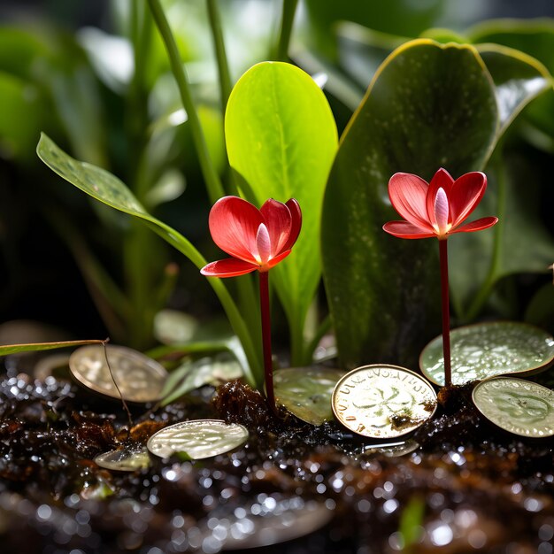 Concetto di investimento Monete con pianta verde e fiore rosso nel suolo