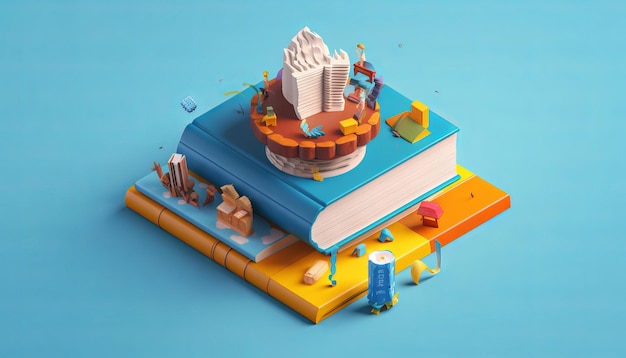 Concetto di istruzione 3d del libro cappello su sfondo blu Ia generativa