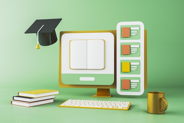 Concetto di istruzione digitale con libri per computer e tazza da caffè su sfondo verde Rendering 3D