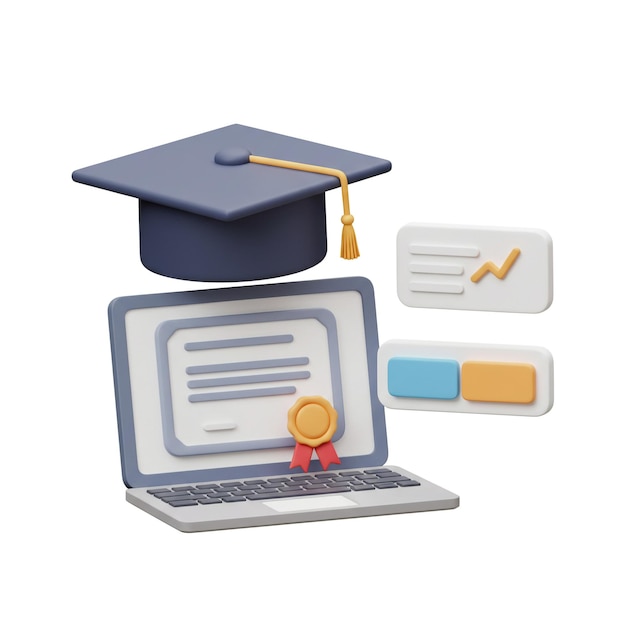 Concetto di istruzione online che mostra la graduation cap con diploma e analisi dei dati