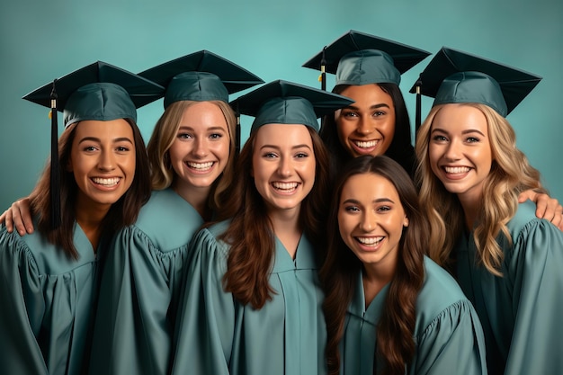 Concetto di istruzione squadra felice di studenti su sfondo verde AI generato