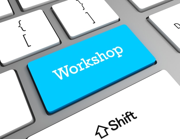 Concetto di istruzione: tastiera del computer con word Workshop, messa a fuoco selezionata sul pulsante invio, rendering 3d