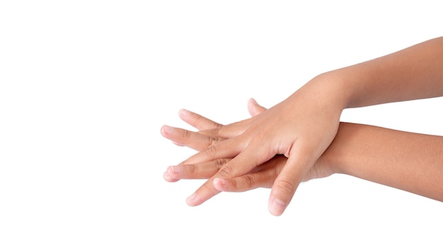 Concetto di lavaggio delle mani, una mano di ragazza isolata su uno sfondo bianco