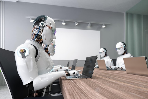 Concetto di lavoratore di automazione con rendering 3d ai robot che lavora in ufficio intelligente