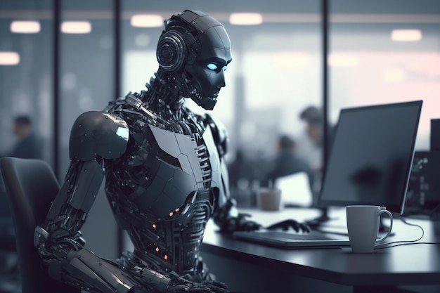 Concetto di lavoratore di automazione con rendering 3d cyborg o lavoro robot su computer desktop IA generativa