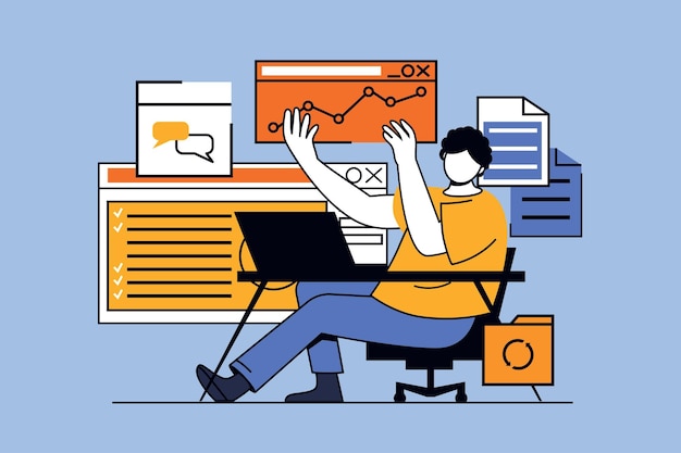 Concetto di lavoro d'ufficio con scena di persone in design piatto per il web Il dipendente riceve un briefing facendo report e svolgendo attività sul posto di lavoro Illustrazione vettoriale per materiale di marketing di banner sui social media
