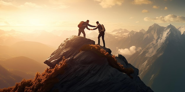 Concetto di lavoro di squadra con l'uomo che aiuta un amico a raggiungere la cima della montagna