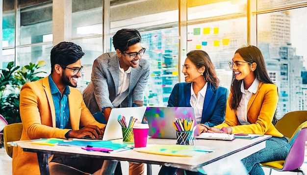 concetto di lavoro di squadra persone che lavorano insieme e in squadra per completare un compito in un ufficio colori brillanti