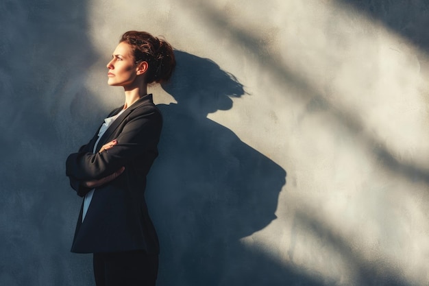 Concetto di leadership e potere con una donna d'affari sicura sul suo sfondo ombra sulla parete chiara