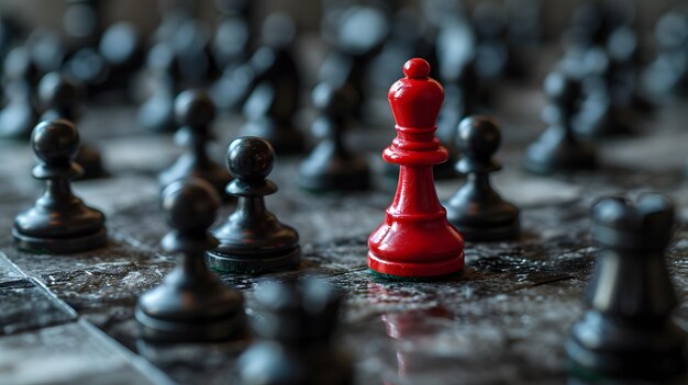 Concetto di leadership Figure rosse di scacchi che si distinguono dalla folla di pedine