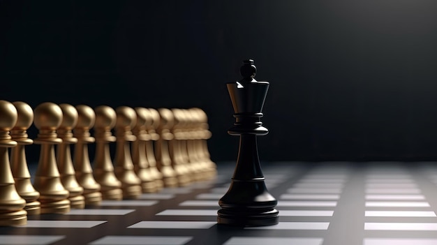 Concetto di leadership Pedina nera degli scacchi che si distingue dalla folla d'oro con la tecnologia generativa AI
