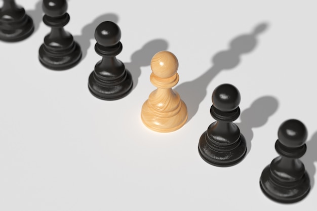 Concetto di leadership. Una pedina degli scacchi, insieme ad altre pedine, getta un'ombra sulla regina. Il concetto di leadership, il desiderio di forza e vittoria. Rendering 3D.