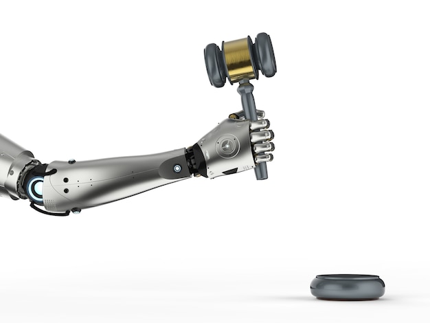 Concetto di legge informatica con mano robotica di rendering 3D che tiene il giudice del martelletto su sfondo bianco