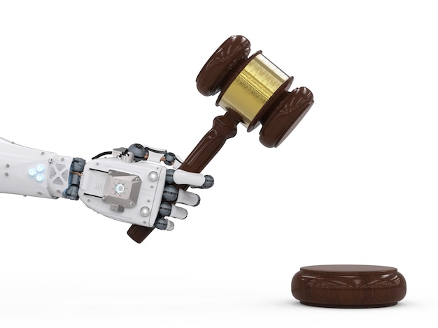 Concetto di legge informatica con rendering 3d della mano robotica che tiene il giudice del martelletto