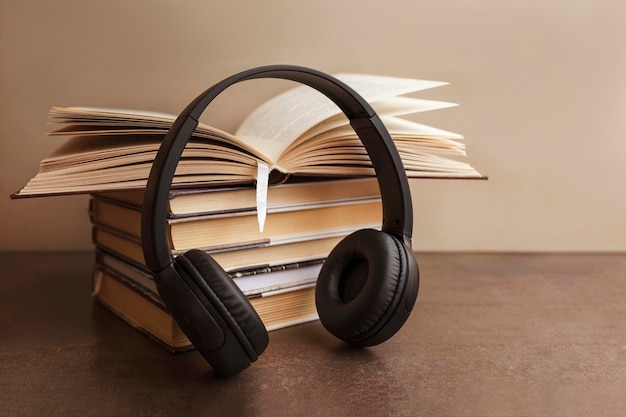 Concetto di libro audio Cuffie su libri su sfondo marrone