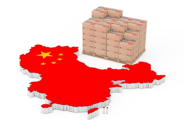 Concetto di logistica della Cina. Scatole di cartone su una tavolozza di legno vicino alla mappa della Cina con bandiera su sfondo bianco. Rendering 3D