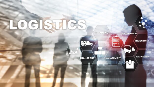 Concetto di logistica e trasporto L'uomo d'affari mostra il diagramma logistico Ordini di merci online Consegna di merci Supporti misti