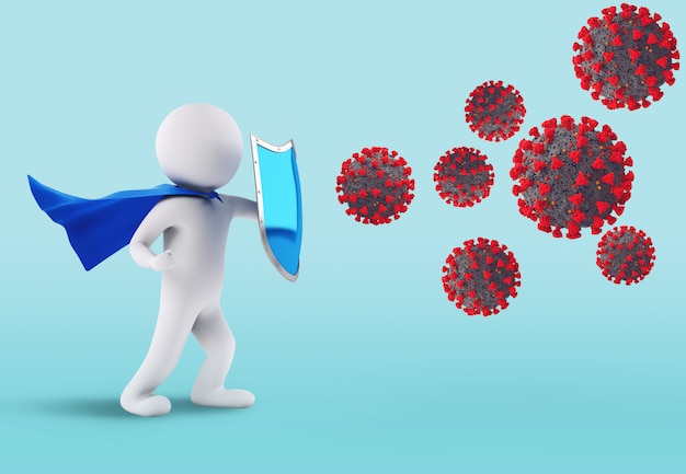 Concetto di lotta e immunità difensiva contro il virus. Rendering 3D