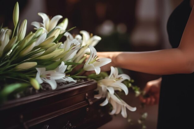 Concetto di lutto Mani umane che posizionano un bouquet di gigli bianchi sul coperchio della bara