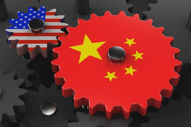 Concetto di macchina economica sino-americana. Ingranaggio con i simboli degli Stati Uniti e della Cina