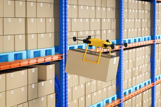 Concetto di magazzino di automazione con drone di consegna che tiene una scatola di cartone